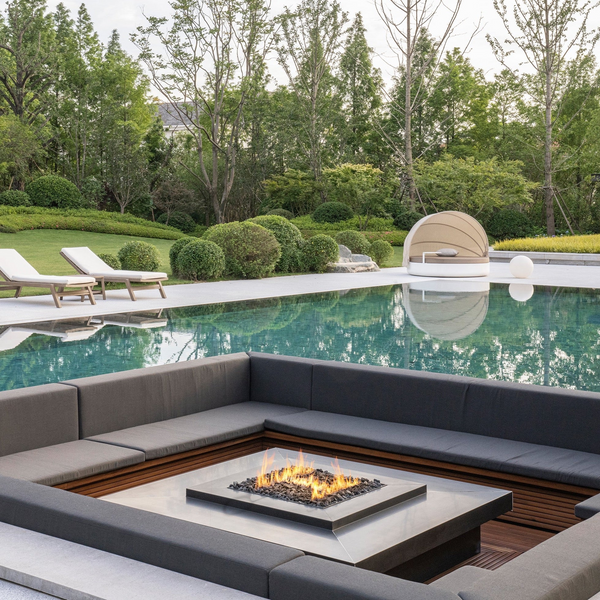 Galio Gas Fire Pit H Insert - 60cm Square next to a swimming pool with stainless steel table surround - Hot Fire Pits Australia