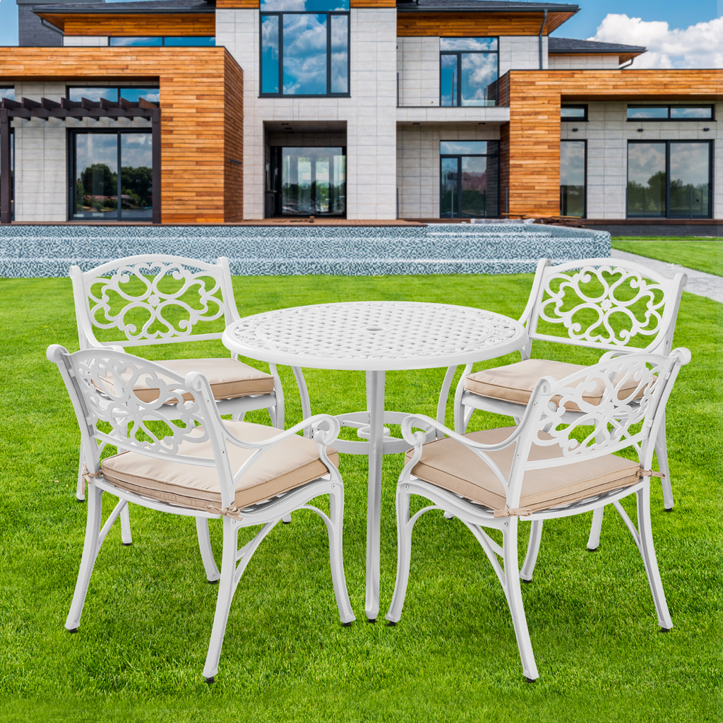 Marco Cast Aluminium 5 piece white Outdoor Setting in garden