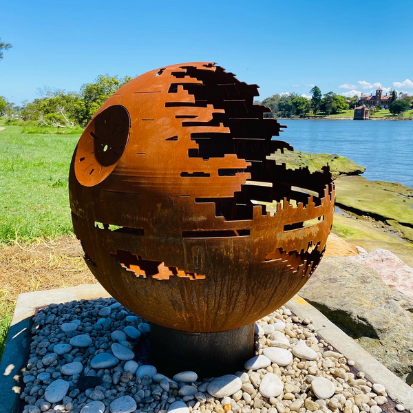 The Death Star Fire Pit beside a lake - 80cm Diameter x 95cm High