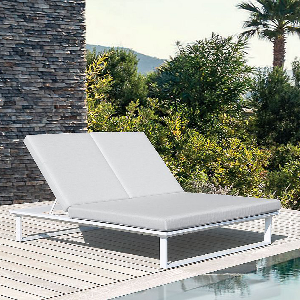 Vivara Sunlounge Australia - Double white frame with pale grey cushions at poolside