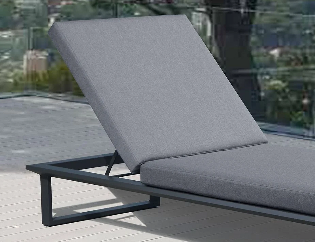 Close up of the top of Vivara Sunlounge Australia - Single charcoal frame with dark grey cushions