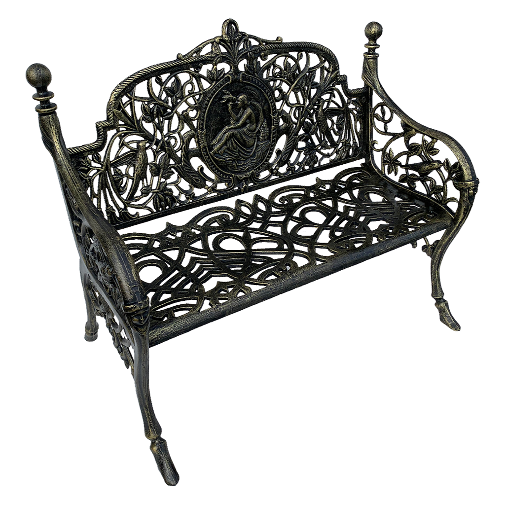 Side view of the Cameo Cast Iron Bench small size in black gold colour