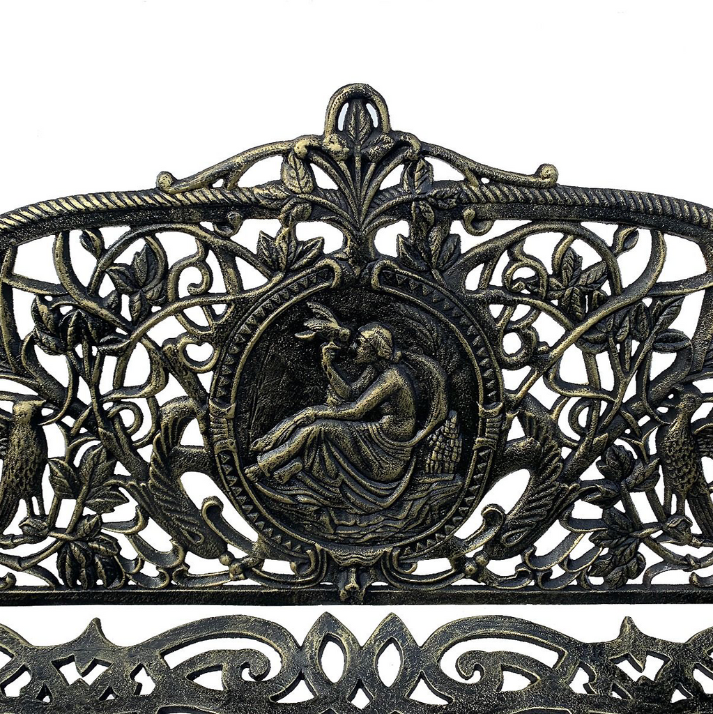 Close up image of the cameo detail in the Cameo Cast Iron Bench small size in black gold colour