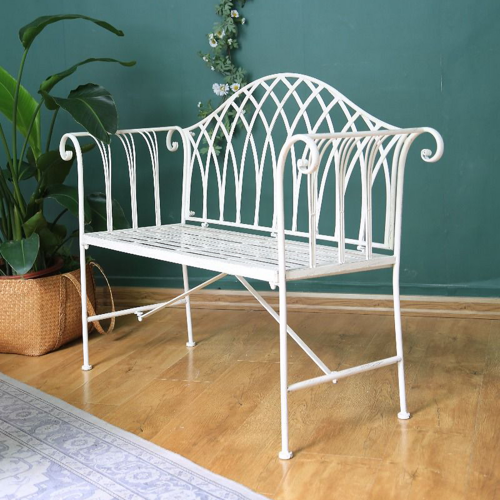 Antique White coloured Lavinia Iron Bench Australia indoors in a room