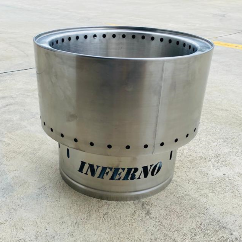 Smokeless Stainless Steel Fire Pit with the word inferno in the base of it