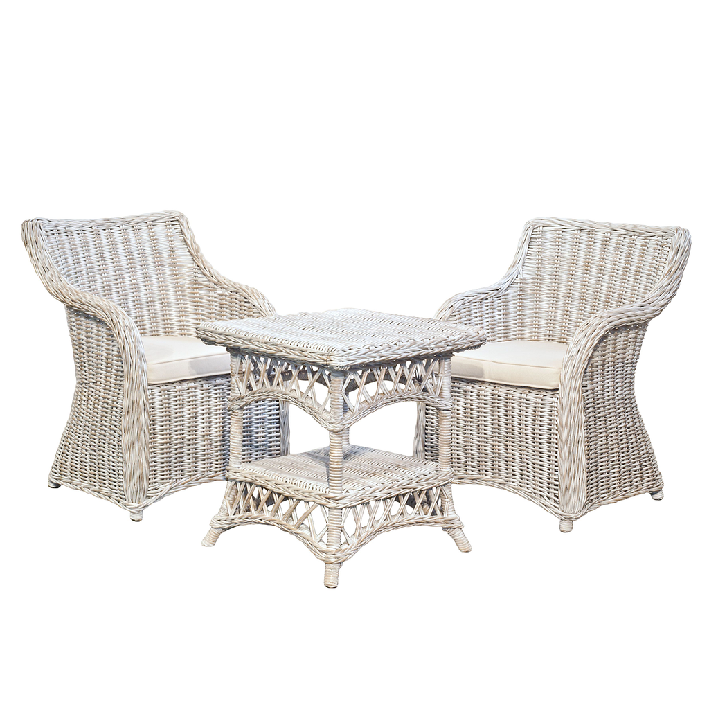 Roma 3 Piece Natural Aged KUBU Wicker Set with white wash cushions