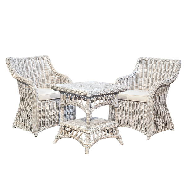 Roma 3 Piece Natural Aged KUBU Wicker Set with white wash cushions